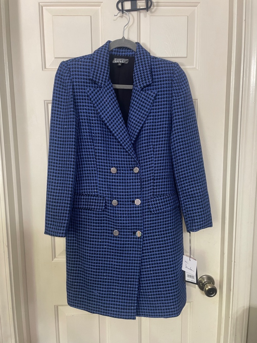 Nicole Miller Blue Houndstooth Double-Breasted Blazer Coat